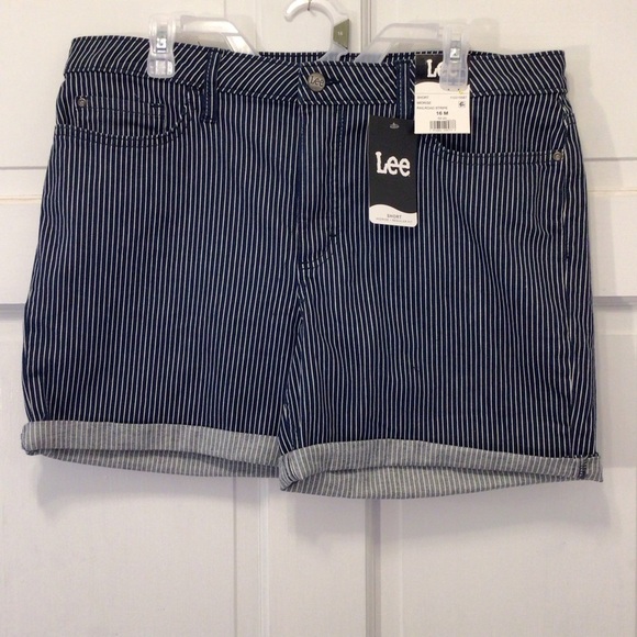 Lee Womens Midrise Railroad Stripe Cuffed 5” Cuffed Denim Shorts Size 16 - Picture 7 of 11
